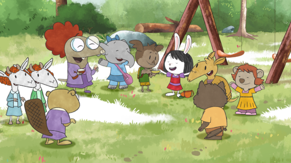 Group of cartoon animals standing in a circle