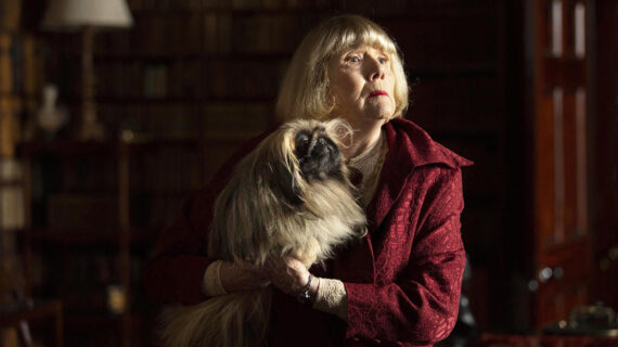 A well dressed woman stares off the camera while holding a small dog in her arms.