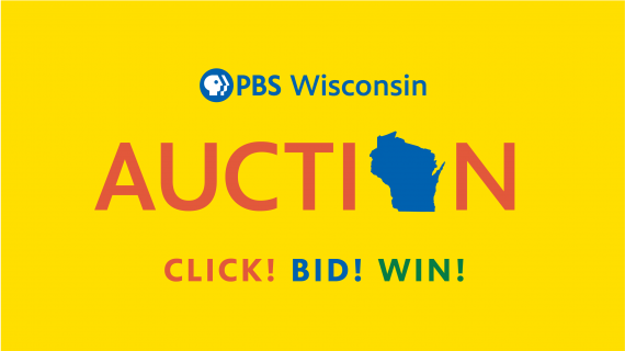 Text that reads PBS Wisconsin Auction Click! Bid! Win! on a yellow background.