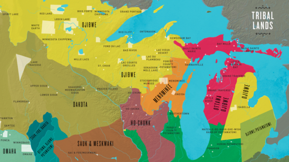 A colorful map of Native American tribal territories in present-day Wisconsin and surrounding areas