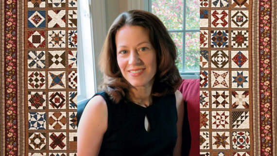 A portrait of Jennifer Chiaverini superimposed over one of her quilts