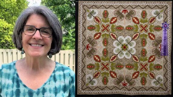 Linda Roy, The Great Wisconsin Quilt Show 2023 Best of Show Quilt Contest winner, next to her winning quilt, 