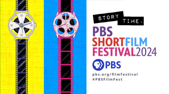A yellow and blue background with two sketches of wrist watches. The text PBS Short Film Festival 2024 is on the right side with the PBS logo and pbs.org/filmfestival and PBS Film Fest hashtag.