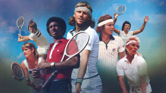 Collage of famous tennis players from the 1970s and 80s wearing tennis uniforms, sweatbands and playing tennis.