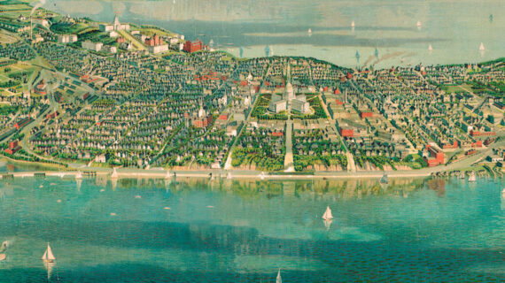 A vintage, illustration of a panorama of Madison, with the Wisconsin State Capitol building and the isthmus in view.