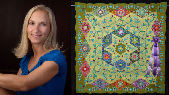 A headshot of a woman, split screen next to an intricate quilt celebrating hexagons in greens, turquoises, pinks, purples and oranges.