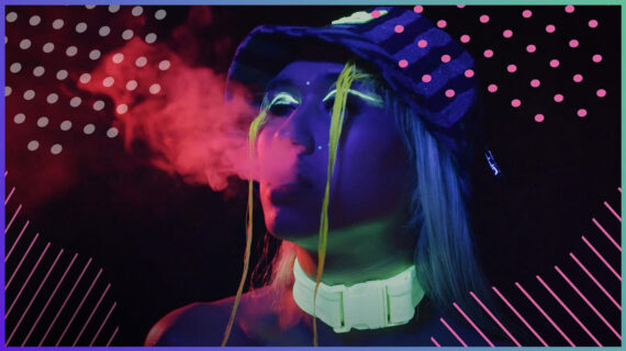 Person under blacklight exhales red vapor, wearing a striped bucket hat, neon choker, and glowing face paint, with abstract dotted and striped graphics in background.