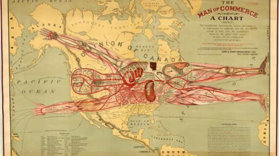 A 19th century map shows the human anatomy of a person laid over lines of commerce in the United States.