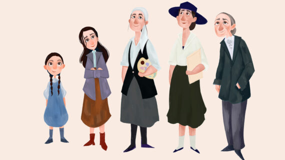 Illustrations depicting artist Georgia O'Keeffe at five different ages throughout her life.