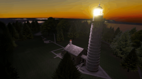 Lit lighthouse tower beside a keeper’s house at sunset surrounded by trees.