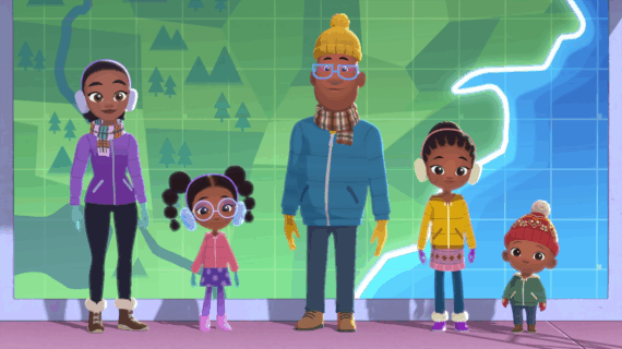 An animated family of father, mother, two sisters and a brother wear winter clothing while standing in front of a weather map.
