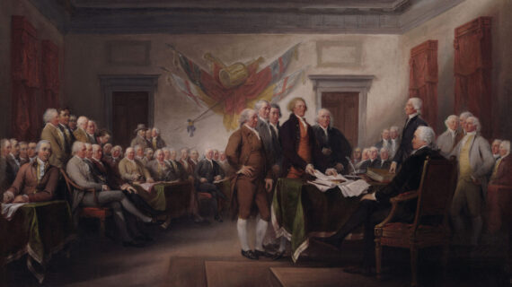A historic and triumphant oil painting of the signing of The Declaration of Independence by John Trumbull.