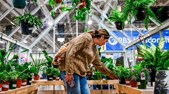 A woman inspects a plant inside a greenhouse, within an expo center.