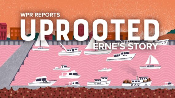 WPR Reports Uprooted: Erne's Story, with an illustrated scene of boats on a pink river.