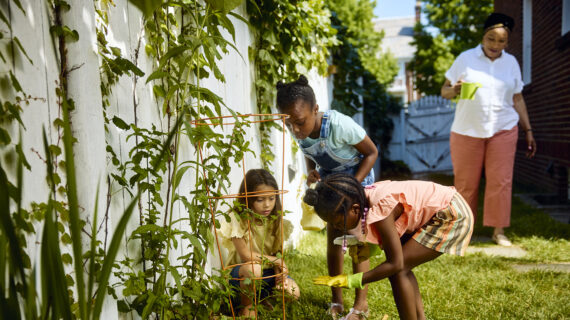 Three children garden near a white fence, examining plants intently. A smiling adult in the background holds a watering can. Bright, sunny atmosphere.