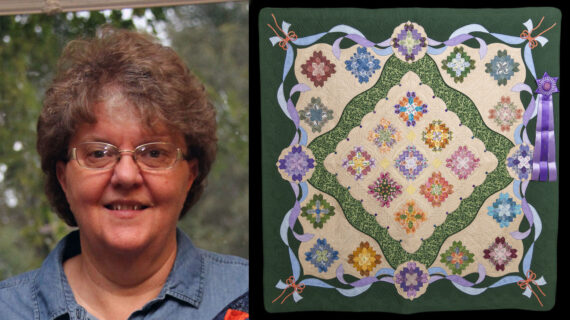 A split image of Sharon Engel and her Best of Show-winning quilt, "Spring Bouquet."