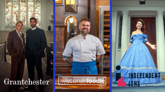 A three-piece photo collage featuring a woman in an blue antebellum gown, a chef wearing an apron, and two men standing side-by-side in a church with a a stained glass window in the background.