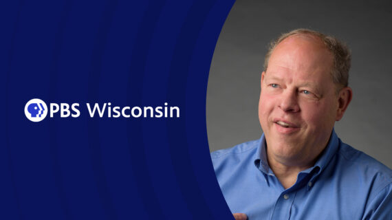 A split screen image with PBS Wisconsin's logo on the left and an image of Jon Miskowski on the right.