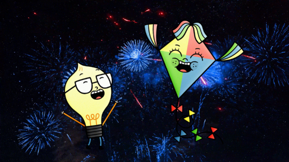 A cartoon lightbulb and kite in front of fireworks.