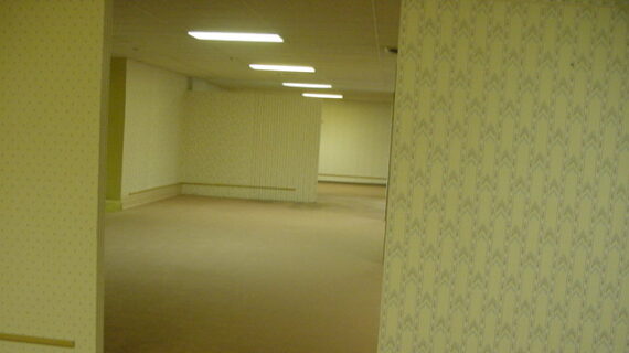 A slightly diagonal view into an empty indoor space with a uniform beige carpet. The drop ceiling has a visible column of rectangular light fixtures. The space is partitioned by interior walls. The muted wallpaper has repeating vertical chevrons and appears to be light yellow. No doors, windows or furniture of any kind are present.