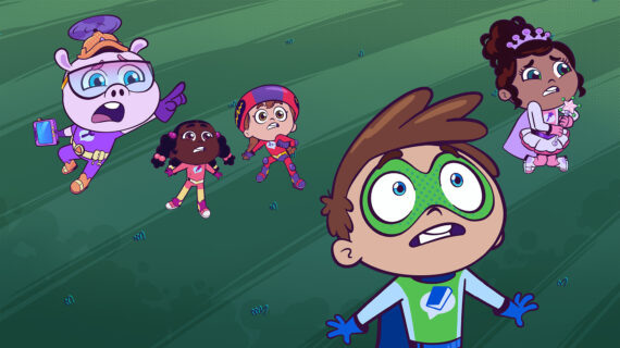 Make reading a super power with PBS KIDS The cartoon children of Super Why's Comic Book Adventures in colorful superhero outfits look upward in alarm; a brown-haired boy with green goggles reaches forward in a dark green setting.