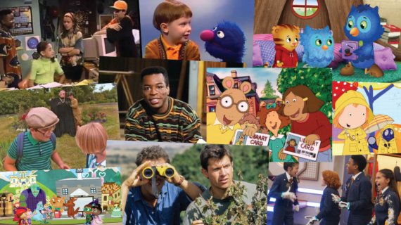 A collection of images from PBS KIDS series over the last 50 years, including Sesame Street, Arthur, and Daniel Tiger's Neighborhood